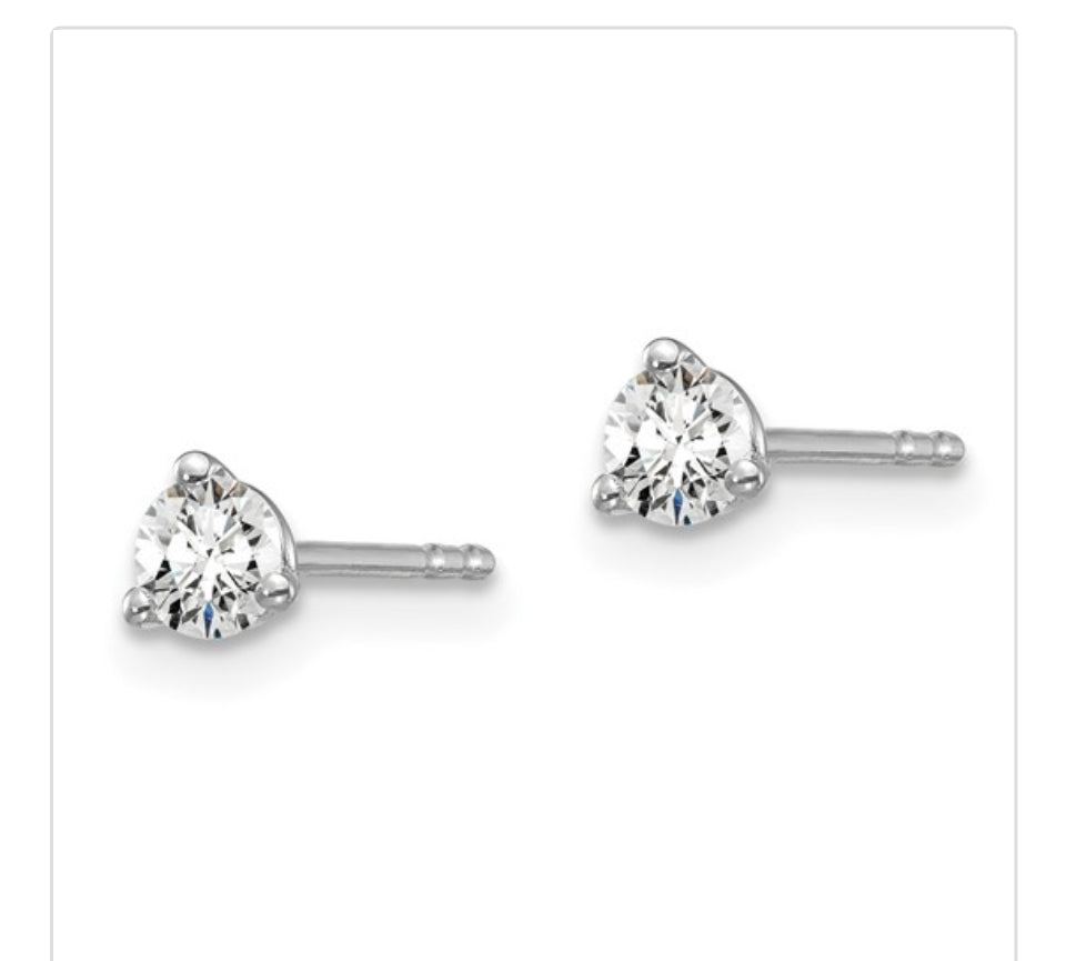 14k White Gold 1/4 carat total weight Round VS/SI DEF Lab Grown Diamond 3 Prong Stud Post Earrings