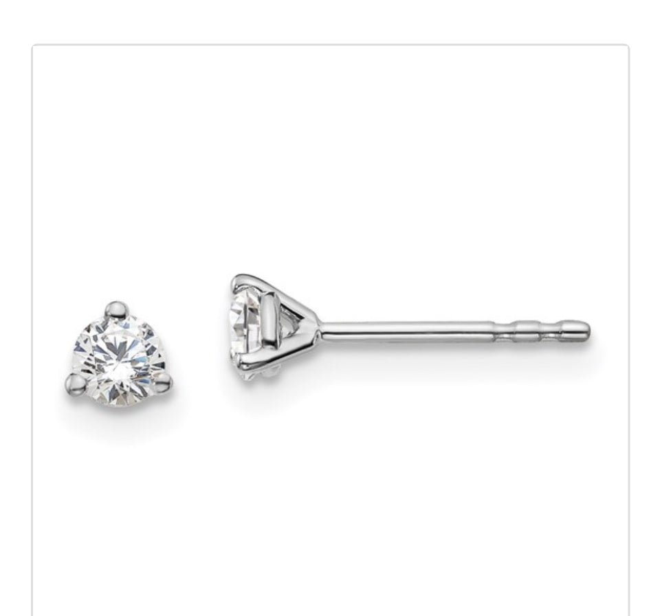 14k White Gold 1/4 carat total weight Round VS/SI DEF Lab Grown Diamond 3 Prong Stud Post Earrings