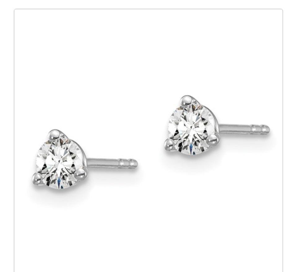 14k White Gold 1/3 carat total weight Round VS/SI DEF Lab Grown Diamond 3 Prong Stud Post Earrings