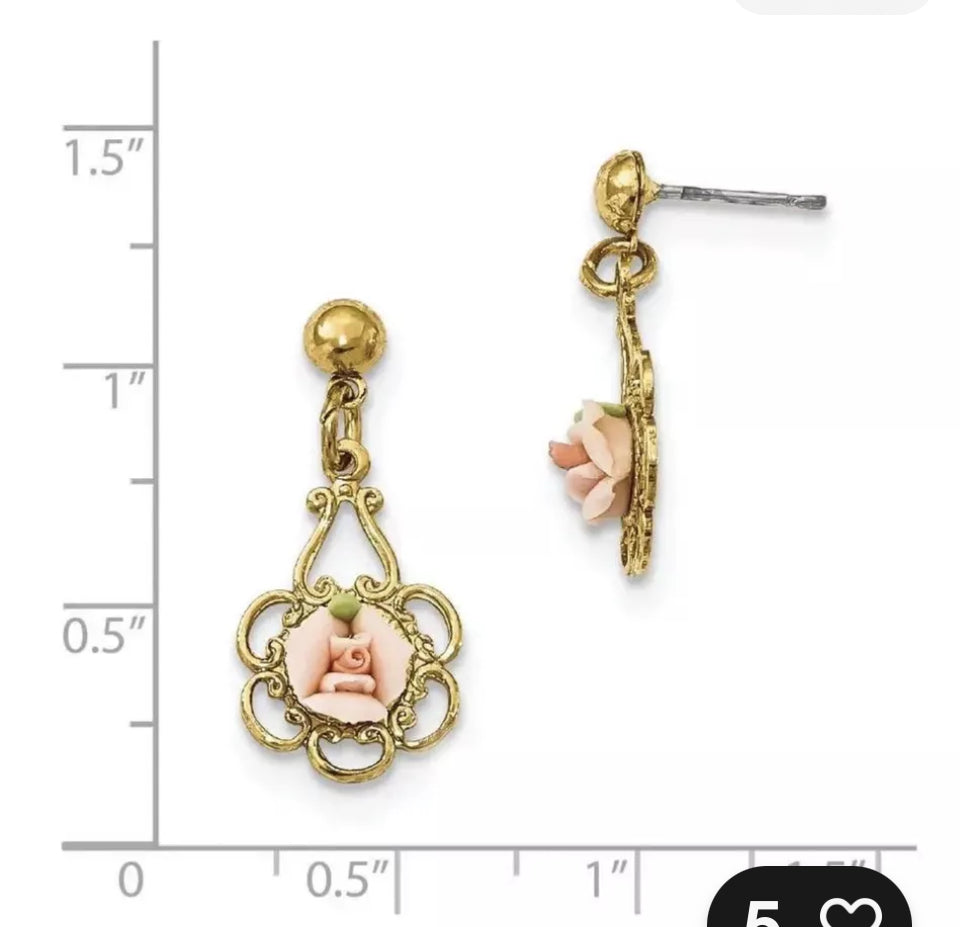 1928 Jewelry - Gold-tone Pink Porcelain
Rose Filigree Post
Dangle Earrings