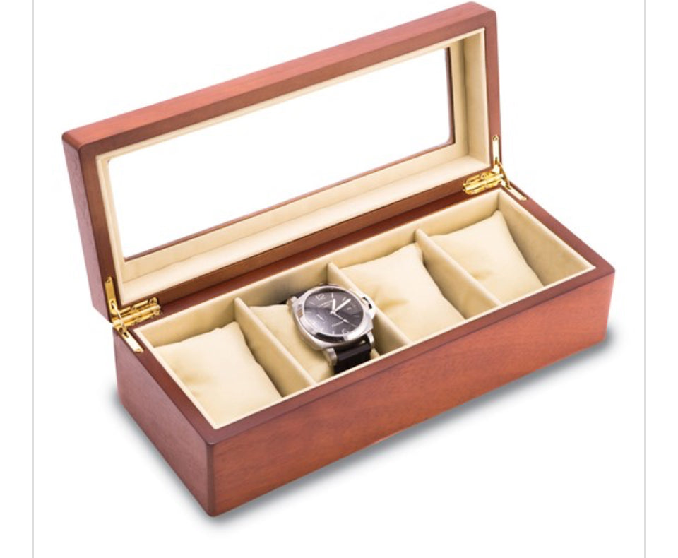 Matte Cherry Finish Glass Lid Velour Lined Wooden 4-Watch Case