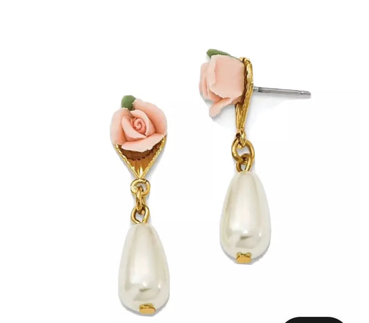 1928 Jewelry - Gold-tone Porcelain Rose/ Simulated Pearl Post
Dangle Earrings