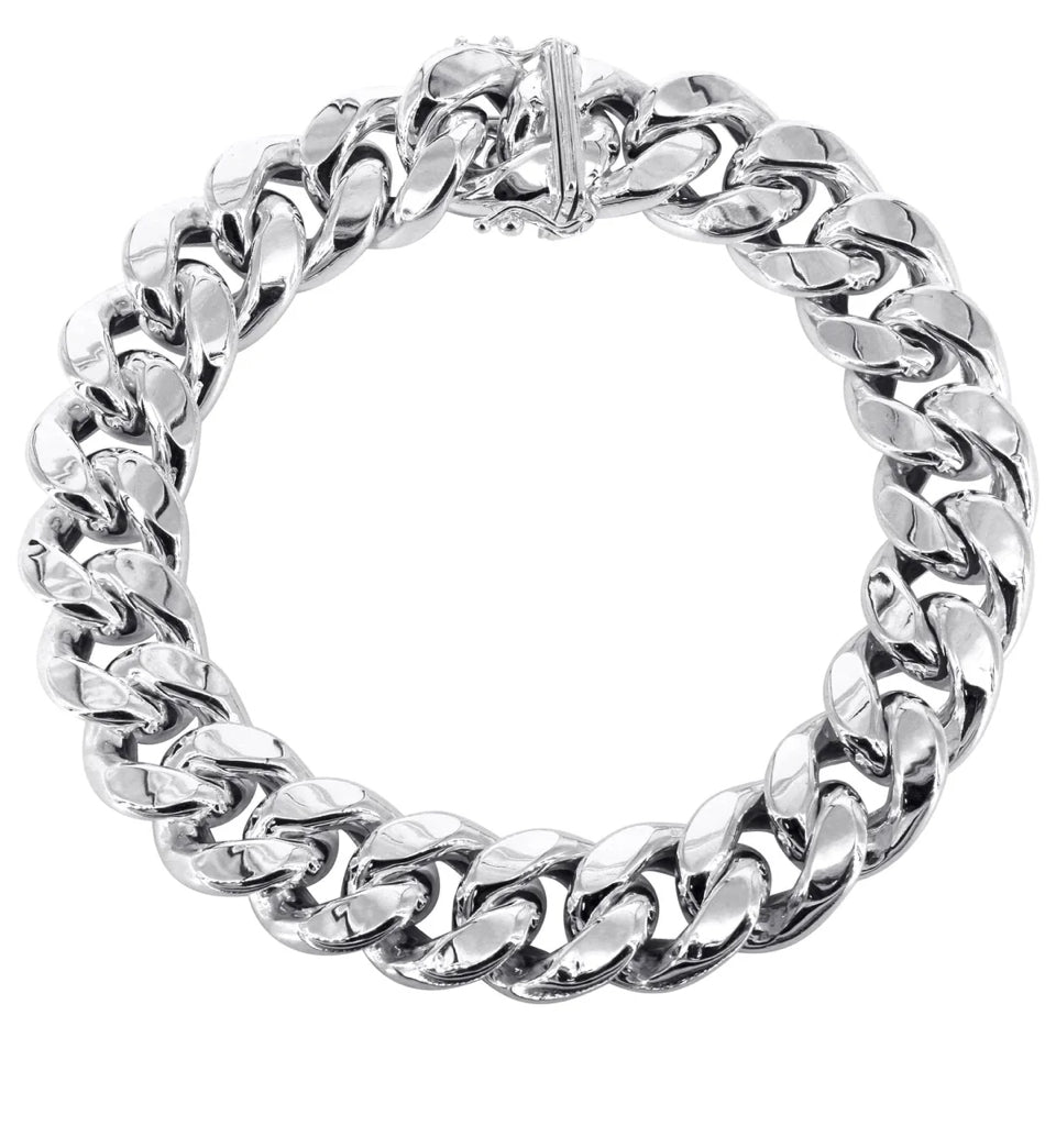 Semi Solid Mens Miami Cuban Link Bracelet 10K White Gold