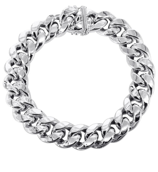 Semi Solid Mens Miami Cuban Link Bracelet 10K White Gold