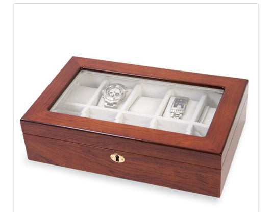 Luxury Giftware by Jere High Gloss Rosewood Finish Veneer Beveled Glass Lid Locking Wooden 10-Watch Case