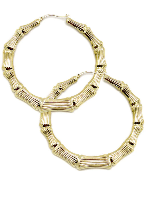 10K Womens Bamboo Gold Hoop Earrings | Customizable Size XLarge 7 grams