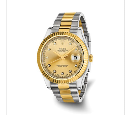 Swiss Crown™ USA Pre-owned Rolex-Independently Certified Steel and 18k 41mm Oyster Datejust II Champagne Diamond Dial and Fluted Bezel Watch
Rolex and the model names mentioned are registered trademarks of Rolex Watch U.S.A. Inc. Quality Gold, Inc. is not