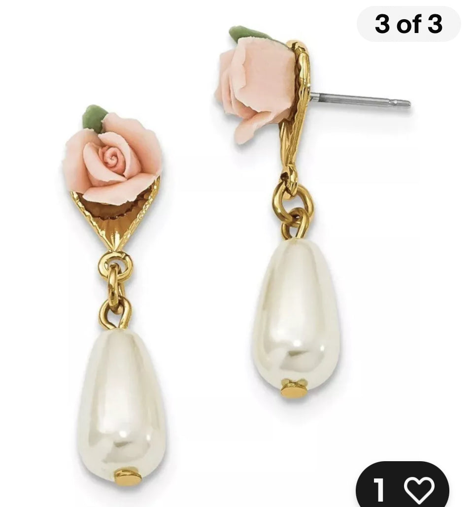 1928 Jewelry - Gold-tone Porcelain Rose/ Simulated Pearl Post
Dangle Earrings