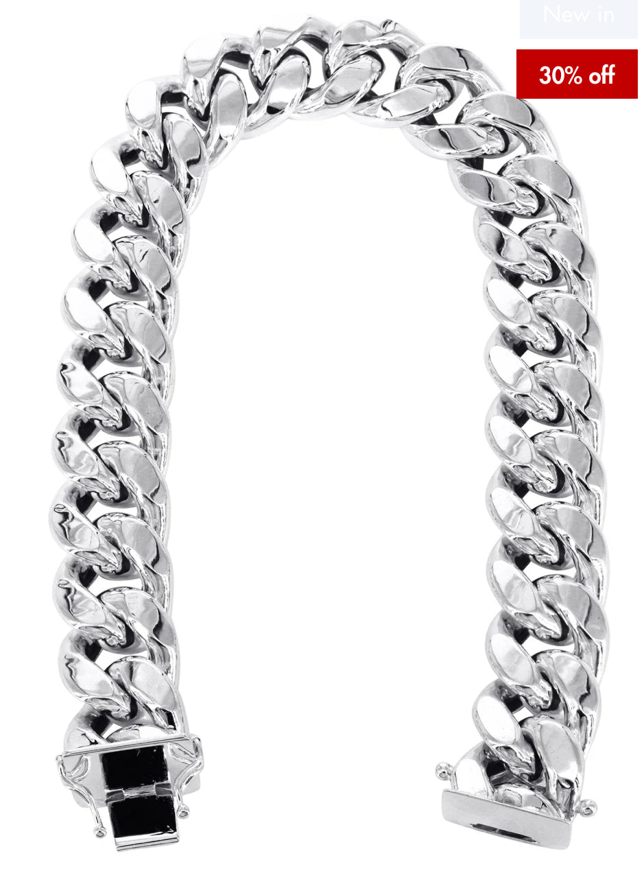 Semi Solid Mens Miami Cuban Link Bracelet 10K White Gold