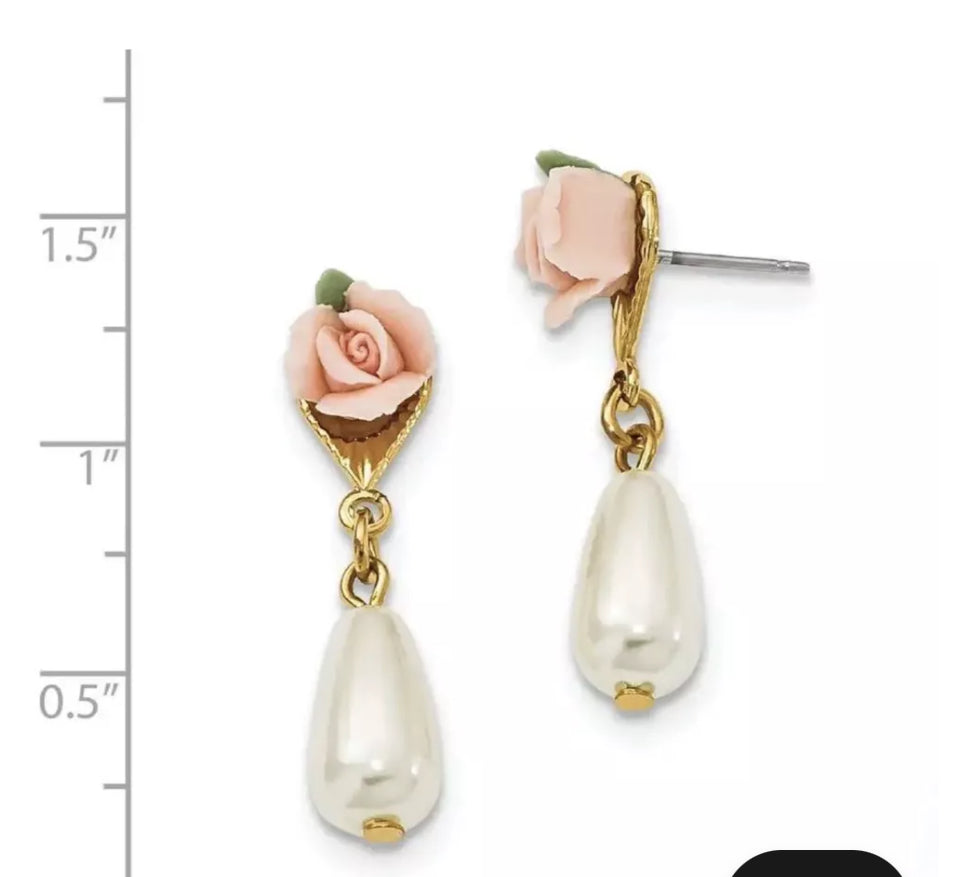 1928 Jewelry - Gold-tone Porcelain Rose/ Simulated Pearl Post
Dangle Earrings