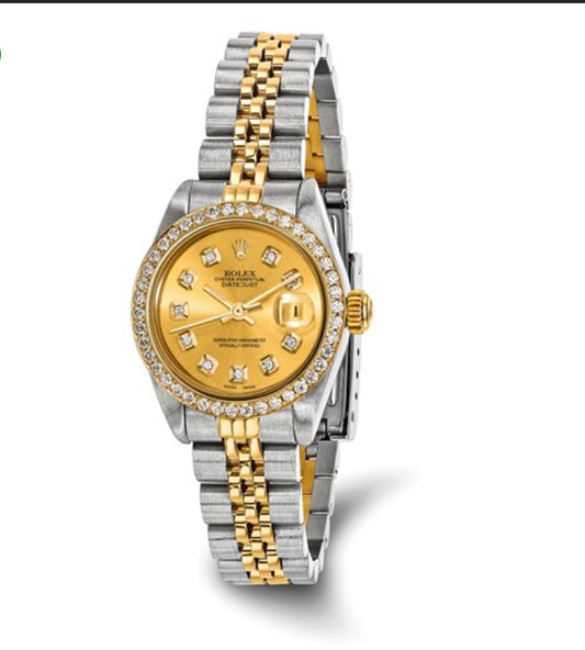 Swiss Crown™ USA Pre-owned Rolex-Independently Certified Steel and 18k 26mm Jubilee Datejust Champagne Diamond Dial and Bezel Watch