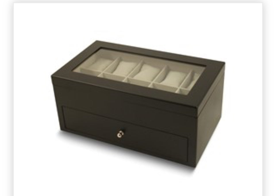 Matte Black Finish Glass Lid 1-Drawer Velour Lined Wooden 20-Watch