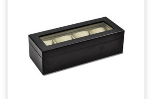 Matte Black Finish Glass Lid Velour Lined Wooden 4-Watch Case