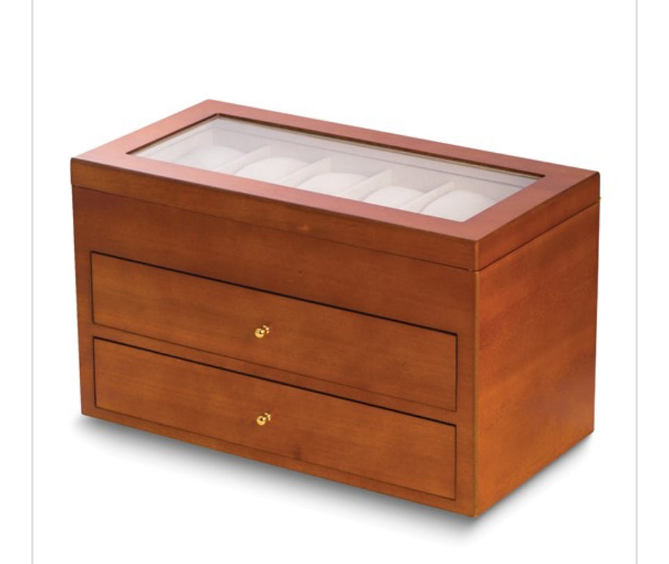 Matte Cherry Finish Glass Lid 2-Drawer Velour Lined Wooden 36-Watch Box